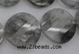 CCQ275 15.5 inches 25mm faceted & twisted coin cloudy quartz beads