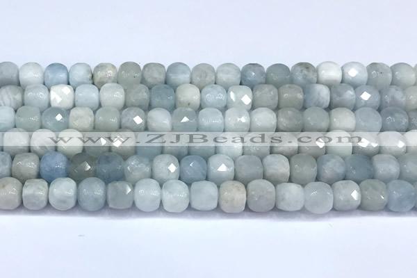 CCU1273 15 inches 6mm - 7mm faceted cube aquamarine beads