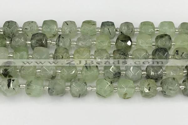 CCU776 15 inches 10*10mm faceted cube green rutilated quartz beads