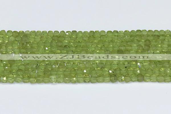 CCU836 15 inches 4mm faceted cube olive quartz beads