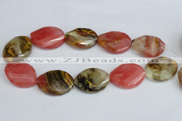 CCY233 25*35mm twisted & faceted oval volcano cherry quartz beads