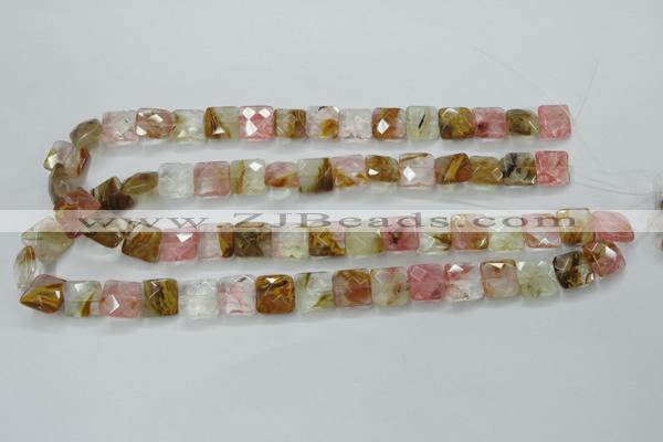 CCY424 15.5 inches 12*12mm faceted square volcano cherry quartz beads