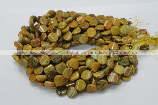 CFA55 15.5 inches 15mm twisted coin yellow chrysanthemum agate beads