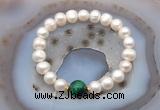 CFB1028 9mm - 10mm potato white freshwater pearl & green tiger eye stretchy bracelet