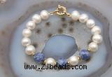 CFB1063 Hand-knotted 9mm - 10mm potato white freshwater pearl & blue spot stone bracelet