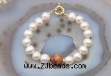 CFB1068 Hand-knotted 9mm - 10mm potato white freshwater pearl & picasso jasper bracelet