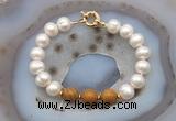 CFB1069 Hand-knotted 9mm - 10mm potato white freshwater pearl & wooden jasper bracelet