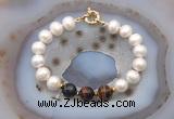 CFB1073 Hand-knotted 9mm - 10mm potato white freshwater pearl & mixed tiger eye bracelet