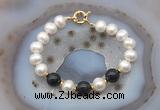 CFB1079 Hand-knotted 9mm - 10mm potato white freshwater pearl & black agate bracelet