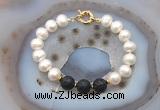 CFB1080 Hand-knotted 9mm - 10mm potato white freshwater pearl & black lava bracelet