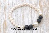 CFB617 6-7mm potato white freshwater pearl & black lava stretchy bracelet