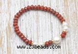 CFB732 faceted rondelle red jasper & potato white freshwater pearl stretchy bracelet