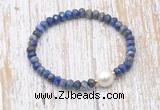 CFB772 faceted rondelle lapis lazuli & potato white freshwater pearl stretchy bracelet