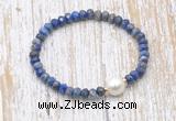 CFB772 faceted rondelle lapis lazuli & potato white freshwater pearl stretchy bracelet