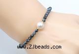 CFB829 4mm faceted round snowflake obsidian & potato white freshwater pearl bracelet