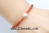CFB832 4mm faceted round red agate & potato white freshwater pearl bracelet