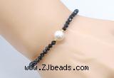 CFB833 4mm faceted round black onyx & potato white freshwater pearl bracelet