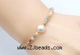 CFB834 4mm faceted round yellow crazy lace agate & potato white freshwater pearl bracelet