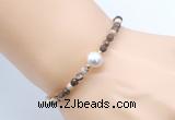 CFB839 4mm faceted round brown zebra jasper & potato white freshwater pearl bracelet