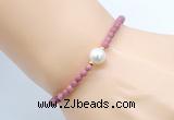 CFB842 4mm faceted round pink wooden jasper & potato white freshwater pearl bracelet