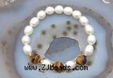 CFB915 9mm - 10mm rice white freshwater pearl & yellow tiger eye stretchy bracelet