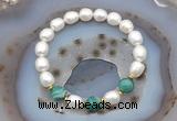 CFB922 9mm - 10mm rice white freshwater pearl & green banded agate stretchy bracelet