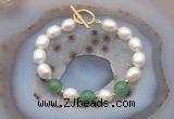 CFB944 Hand-knotted 9mm - 10mm rice white freshwater pearl & green aventurine bracelet