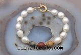 CFB949 Hand-knotted 9mm - 10mm rice white freshwater pearl & picasso jasper bracelet