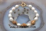 CFB950 Hand-knotted 9mm - 10mm rice white freshwater pearl & picture jasper bracelet