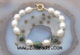 CFB955 Hand-knotted 9mm - 10mm rice white freshwater pearl & African turquoise bracelet