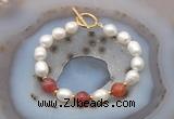 CFB961 Hand-knotted 9mm - 10mm rice white freshwater pearl & fire agate bracelet