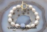 CFB971 Hand-knotted 9mm - 10mm rice white freshwater pearl & blue lace agate bracelet
