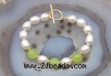 CFB993 Hand-knotted 9mm - 10mm rice white freshwater pearl & candy jade bracelet