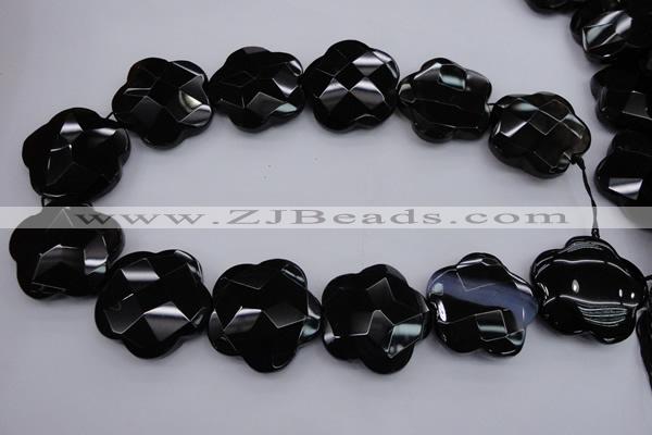 CFG957 15.5 inches 32*33mm faceted & carved flower black agate beads