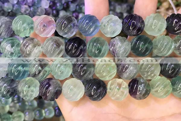 CLF1170 15.5 inches 14mm carved round fluorite gemstone beads