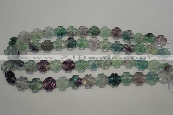 CFL493 15.5 inches 15mm carved flower natural fluorite beads