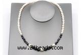 CFN127 potato white freshwater pearl & black banded agate necklace, 16 - 24 inches