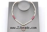 CFN163 baroque white freshwater pearl & pink wooden jasper necklace with pendant