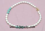 CFN314 9 - 10mm rice white freshwater pearl & amazonite necklace wholesale