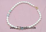 CFN318 9 - 10mm rice white freshwater pearl & morganite necklace wholesale