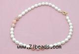 CFN324 9 - 10mm rice white freshwater pearl & pink opal necklace wholesale