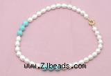 CFN326 9 - 10mm rice white freshwater pearl & blue howlite necklace wholesale