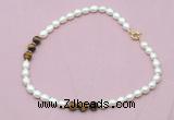 CFN328 9 - 10mm rice white freshwater pearl & yellow tiger eye necklace wholesale