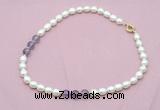 CFN332 9 - 10mm rice white freshwater pearl & amethyst necklace wholesale