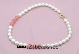 CFN334 9 - 10mm rice white freshwater pearl & cherry quartz necklace wholesale