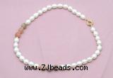 CFN337 9 - 10mm rice white freshwater pearl & rainbow moonstone necklace wholesale