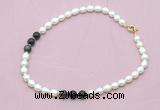 CFN338 9 - 10mm rice white freshwater pearl & golden obsidian necklace wholesale