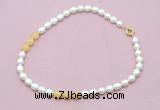 CFN342 9 - 10mm rice white freshwater pearl & honey jade necklace wholesale