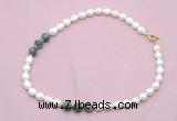 CFN349 9 - 10mm rice white freshwater pearl & African turquoise necklace wholesale