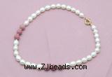 CFN353 9 - 10mm rice white freshwater pearl & pink wooden jasper necklace wholesale